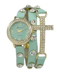 Geneva Platinum 12953712 Designer Inspired Cross w/ Czech Rhinestone wrap around watch with Czech Rhinestones-MINT GREEN/GOLD