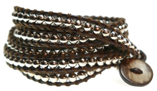 Stunning Silver Bead with Brown Leather Wrap Bracelet, Wrap 5 to 6 Times Around Wrist, Adjustable, Gift Box