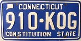 Connecticut License Plate White letters with Blue Background
