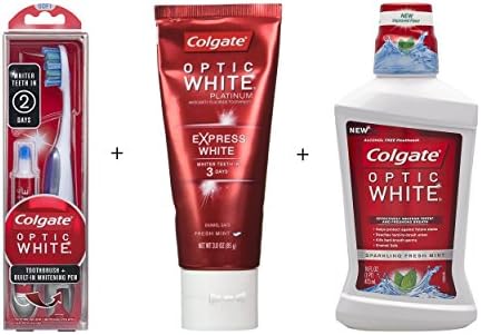 Teeth Whitener Kit. Colgate Optic White Toothbrush &amp; Pen, Platinum Express White Toothpaste and Sparkling Fresh Mint Mouthwash.