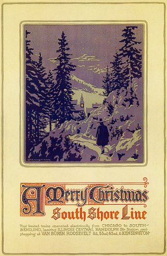 A MERRY CHRISTMAS SOUTH SHORE LINE CHICAGO ILLINOIS SMALL VINTAGE POSTER CANVAS REPRO