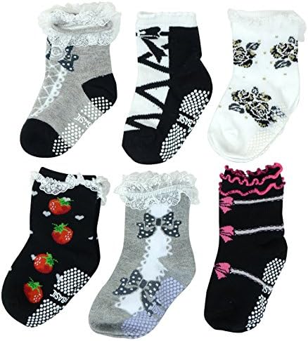 Children Kids Toddler Girls Antislip Skid Ruffle Knit Socks, White Gray Stripes Dots 6 pk