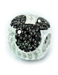 .925 Sterling Silver " Jeweled Mickey - Black and Clear Cz " Charm Bead Spacer Compatible with Snake Chain Bracelets