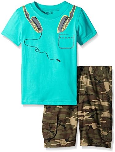 Rebe1 Little Boys 2 Piece Set Graphic Tee with Rip Stop Camo Cargo Short, Atlantis/Green Camo, Large/6
