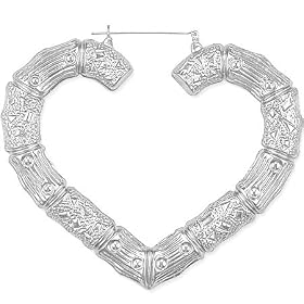Jewelco London Sterling Silver Americana,Bamboo design Heart-shaped Creole Earrings (21.3g)