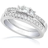 2/5ctw Three Stone Princess Diamond Wedding Ring Set in 14kt White Gold (HI/I1-I2)