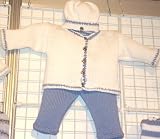 Knitted on Hand Knitting Machine White Cotton Finished By Hand Crochet with Denim Infant Boys Cardigan Pant Hat Set Pant with Denim Cotton