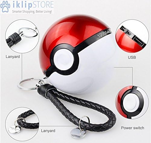 iKlipStore Pokemon GO Pokeball Portable Cell Phone Charger, USB Power Bank for Mobile External Battery for iPhone, Samsung, LG, Nexus, HTC, Charger Included LED Lights High Capacity Power 12,000 mAh