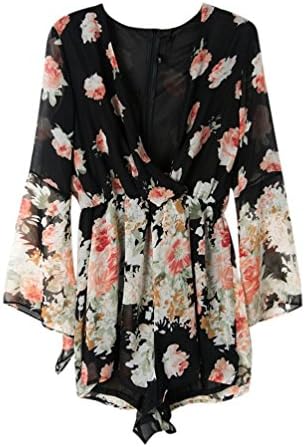 Sexy Black V-neck Floral Print Loose Jumpsuit With Long Flare Sleeves(Size M)