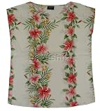 Pullover Blouse - Pink White Hibiscus Plumeria Panel Cap Sleeve Side Slits Women's Hawaiian Aloha Pupu Top