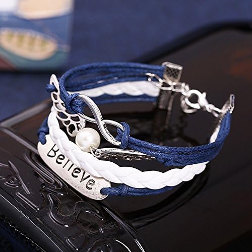 Nice Buckeye Handmade Angel's Wings Man-made Peal Studded Braided Length Adjustable Leather Wrap Bracelet