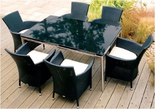 Lyon 110cm Round Table, 4 x Recliners, 2.5 Graphite pole Black Canopy Parasol, 15kg base Garden Furniture Set