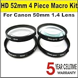 High Definition 52mm 4 Piece Close Up Macro Kit for Canon 50mm 1.4 Lens + 3 Year Celltime Warranty