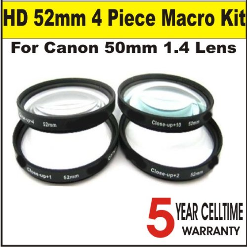 High Definition 52mm 4 Piece Close Up Macro Kit for Canon 50mm 1.4 Lens + 3 Year Celltime Warranty