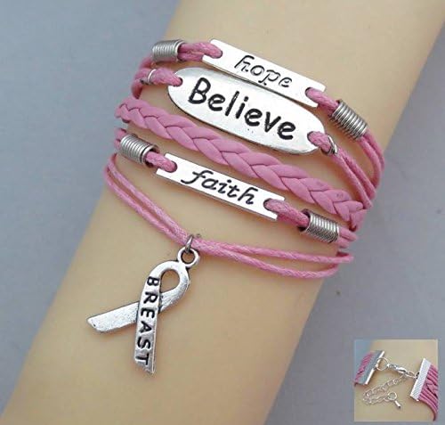 Vintage Style Pink Leather Rope Faith Hope Believe Letter Breast Cancer Ribbon Love Bracelet