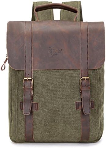 CHADA Casual Canvas Leather Backpack Travel School Camping Rucksack Computer Laptop Bag Green