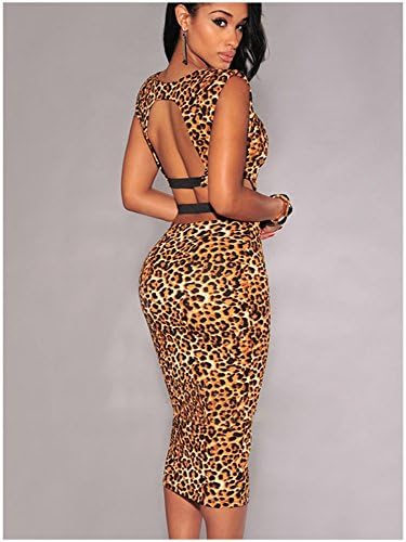 JeFF Lady's Leopard Open Back Belted Midi Dress