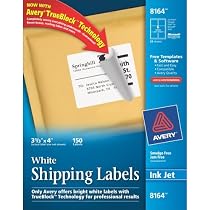 Avery&reg; White Shipping Labels for Inkjet Printers with  TrueBlock(TM) Technology, 3-1/3 inches x 4 inches, Pack of 150 (8164)