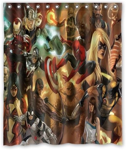 Marvel Superheroes Comics Shower Curtain Bathroom Waterproof Fabric set with 12 Hooks Decor 60x72 Inches