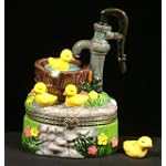 Yellow Duckies Ducks Vintage Water Pump Hinged Trinket Box