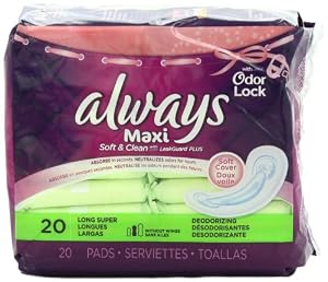 Always Maxi Soft & Clean With Odor-Lock Long/Super Without Wings, Lightly Scented Pads 20 Count (Pack of 2)