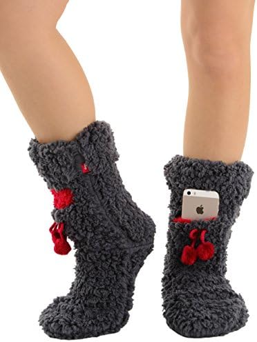 Dark Grey Slipper Boots Soft Fleece Lined Fuzzy Iphone Pocket Gift Idea Sizes: Medium