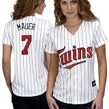 MLB Women's Minnesota Twins Joe Mauer White/Navy Home Short Sleeve 5 Button Synthetic Replica Baseball Jersey by Majestic (White/Navy, Large)