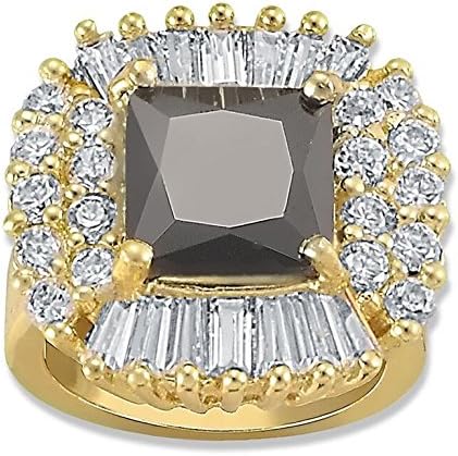 6.00 Carat Princess Cut Jet Black CZ Halo Solitaire Wedding Engagement Ring 14K Yellow Gold Layered Brass Baguette Round White CZRing Size 8