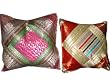 2 Cushion Covers Red Pink Cream Vintage Silk Sari Zari Border Toss Pillow Cover 16"