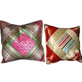 Gift Idea-2 Deep Pink Red Green Maroon Sari Zari Borders Toss Pillow Cushion Coversby Mogulinterior