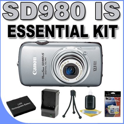 Canon PowerShot SD980IS 12.1MP Digital Camera w/5x Ultra Wide Angle Optical Image Stabilized Zoom and 3-inch LCD (Silver) BP6L Battery/Charger BigVALUEInc Accessory Essentials Bundle