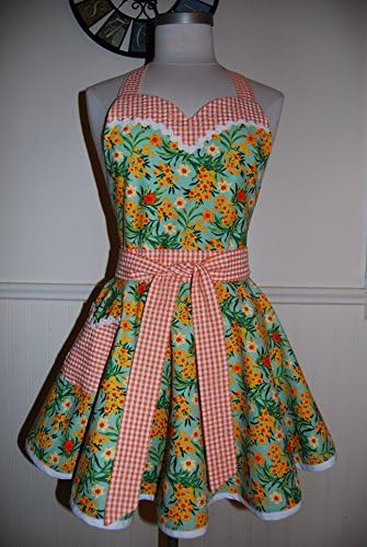 Floral and Gingham Orange and Green Retro Circle Skirt Apron with Sweetheart Bodice and Pocket