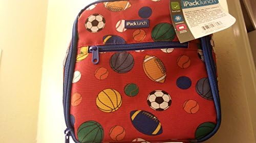 Ipack Lunch Box Sports Theme w/ Interior Pockets New - Red w/ "Baseballs," "Footballs," "Basketballs," "Tennis, Balls" Design
