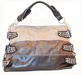 Black Leather Handbag Grey Stripe Hobo with Rhinestones Black