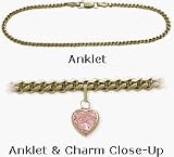 10 Karat Yellow Gold 10 Curb Style Pink Stone Heart Charm Anklet
