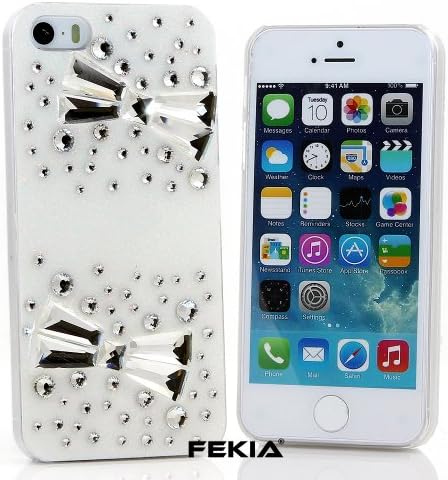 FEKIA® 3D Luxury Bling iphone 5 5s Case Cover Faceplate Swarovski AB Crystals Diamond Glitter Sparkle bedazzled jeweled Design Back Snap-on Hard Case (FREE stylus and water resistant retail bag) (100% Handcrafted by FEKIA) (White Background with Double Bows)