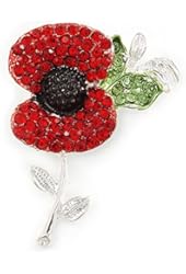 Red, Black, Green Crystal Poppy Flower Brooch In Silver Tone - 50mm L
