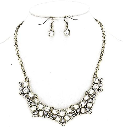 Delicate Vintage Look Clear Rhinestone 18 Inch Necklace and Earring Set, Silver-Tone