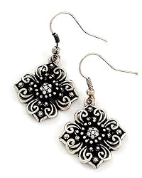 Burnished Silvertone Clear Crystal Flower Dangle Earrings Fashion Jewelry