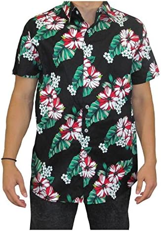 Men's Hawaiian Aloha Traditional Floral Button Down Shirt - Made in USA (Large, Black)