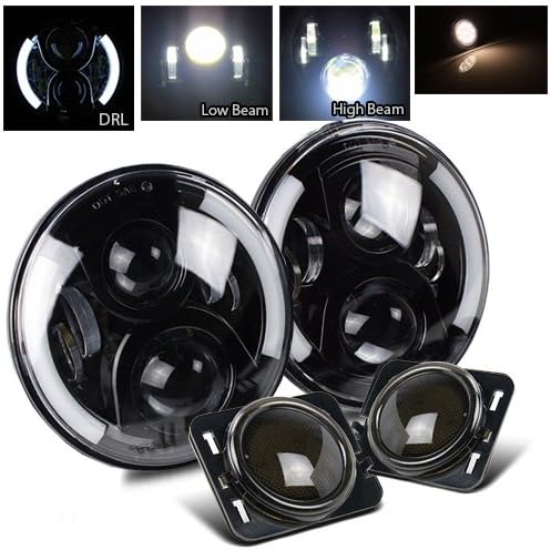 7 Inch Round CREE Black LED Projector Headlight and 5W 10pcs 3030 SMD Side Marker(Smoke White) for Jeep JK TJ LJ CJ