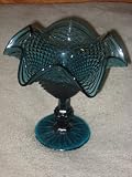 Vintage Green / Blue 6 Inch English Hobnail Glass Ruffled Compote