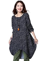 High-Low-Hem Floral Print Asymmetric Cotton/Linen  Dress