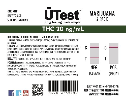 ÃœTest: MOST Sensitive Instant THC 20 ng/mL Marijuana Single Panel Home Drug Test (2 pack) *LOW Detection Level* - Customer Service Included