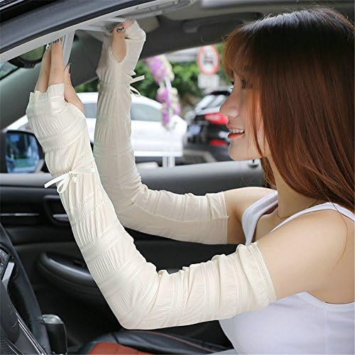 Inf-way Korea SPF 50+ Anti-slip Anti-UV Sun Protection Sleeves with Thumb Hole Fingerless Long Sleeves Girls Ladies Women Bike Riding Sexy Lace Arm Sleeves Glove (Skin)