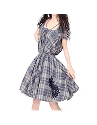 V-neck Vintage Lace Cotton Plaid Print  Dress