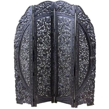 Deluxe Room Divider Screen - Rounded Shape, Four Panels, Handcarved Vine Design