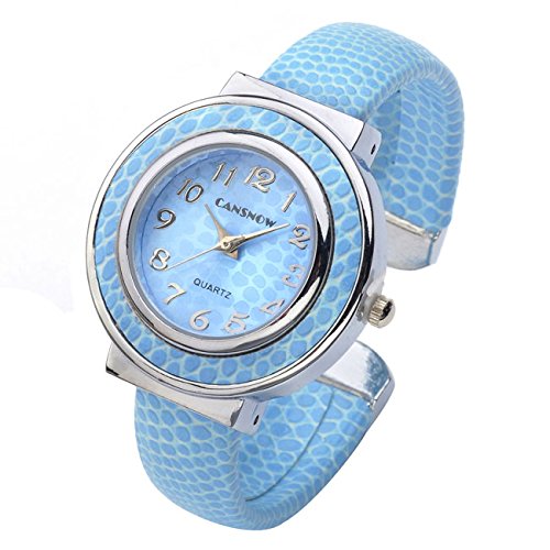 Top Plaza Fashion Women's Cuff Watch, Round Case PU Leather Band, Blue