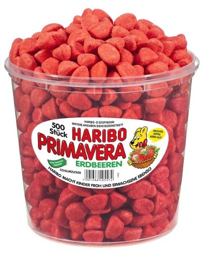 Haribo Primavera Erdbeeren, große Dose, Gummibärchen, Weingummi, Fruchtgummi, 500 Stück, 1150g