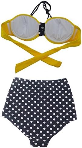 Selene Allure Women's Vintage High Blackstripe Polka Waist Bikini Swimsuits Swimwear (XL(US8-10), Yellow)